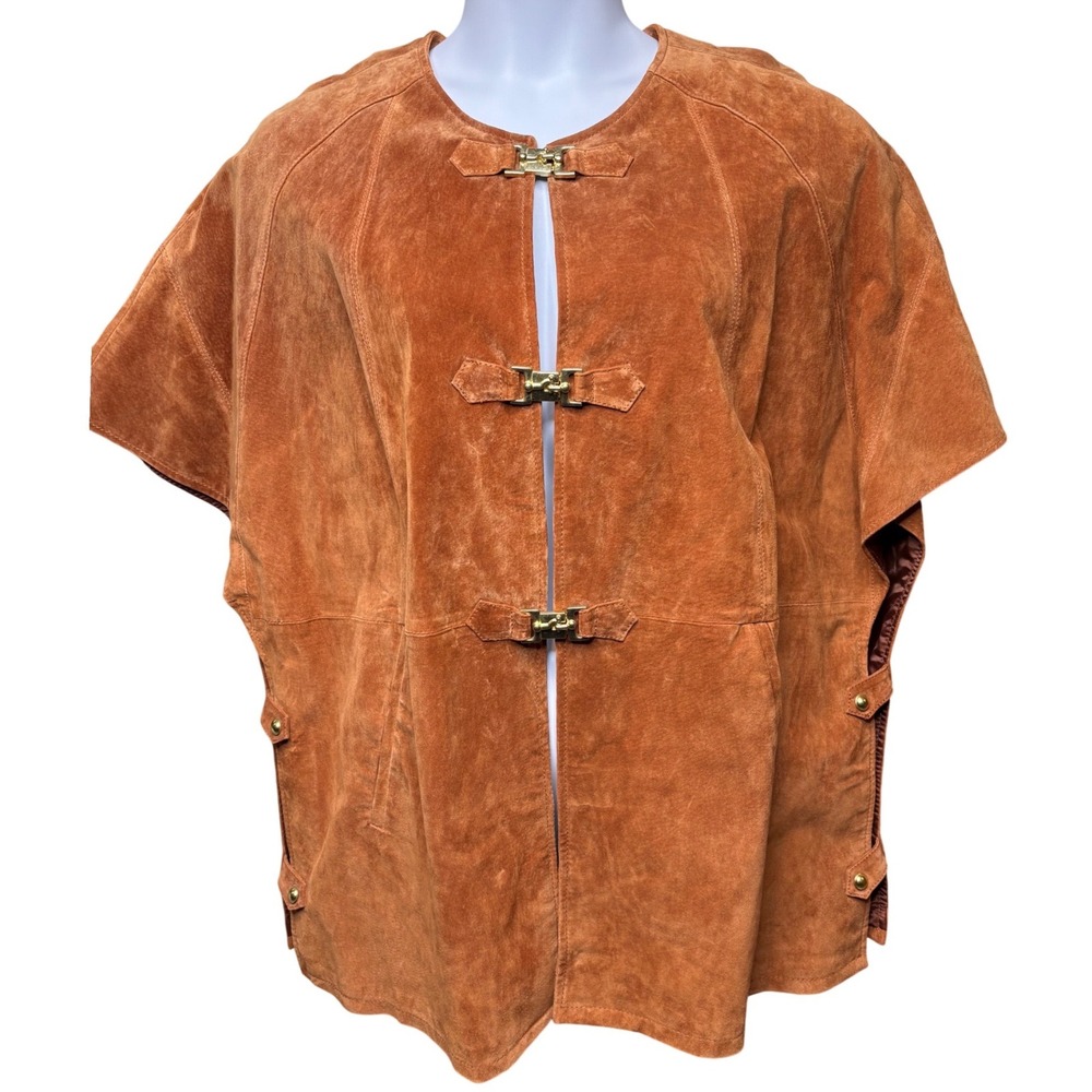 Soft Surroundings Womens Suede Leather Poncho Cape Sz 1X Brass Buckles Boho Luxe